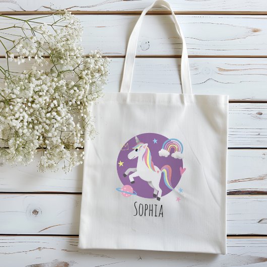 Tote Bag Filles mignonne violet licorne Arc en ciel et nom