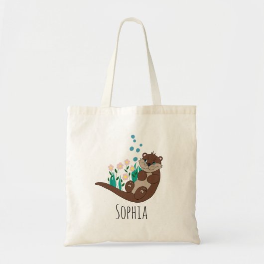 Tote Bag Filles mignonnes Otter Fleurs de dessin et nom Enf (Devant)