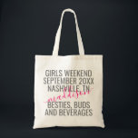 Tote Bag Filles Voyage Week-end Nom de vacances<br><div class="desc">Sac fourre-tout de toile personnalisée pour le week-end des filles avec texte et texte gris et rose vif modifiable pour une date,  destination,  les noms,  et une citation amusante comme "besties,  bourgeons et boissons" fait un cadeau de faveur pour gardien utile pour votre équipe de voyage ou demoiselles d'honneur.</div>