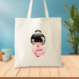 Tote Bag Fillette Kokeshi au Kimono Rose