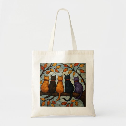 Tote Bag Five Cats on a Tree Branch Stained Glass Style (Devant)