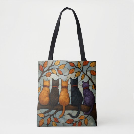 Tote Bag Five Cats on a Tree Branch Stained Glass Style (Devant)