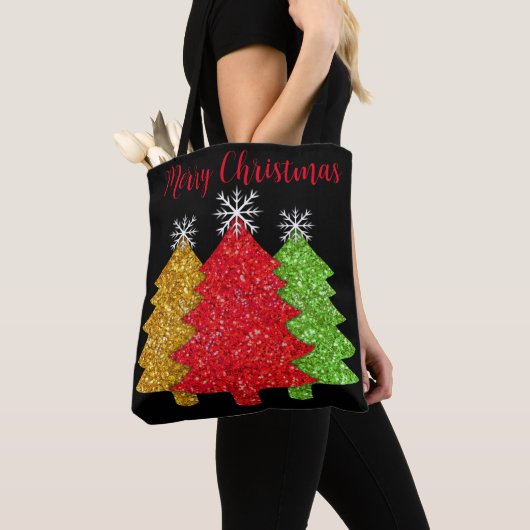 Tote Bag Flacon de neige de l'arbre de Noël rouge étincelan (De près)