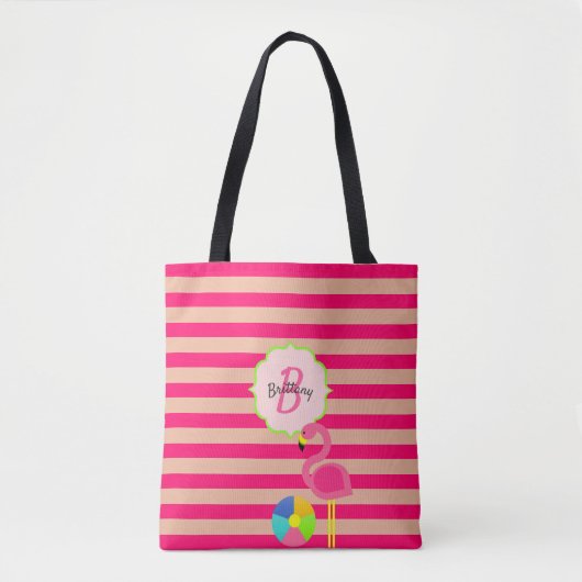 Tote Bag Flamant rose à rayures roses Monogrammes (Devant)