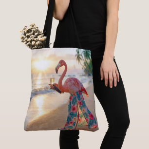 Tote Bag Flamant rose avec du champagne sur une plage