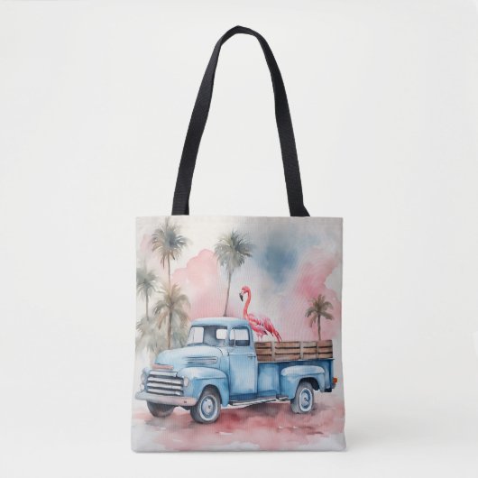 Tote Bag Flamant rose En Camion Bleu Rétro (Devant)