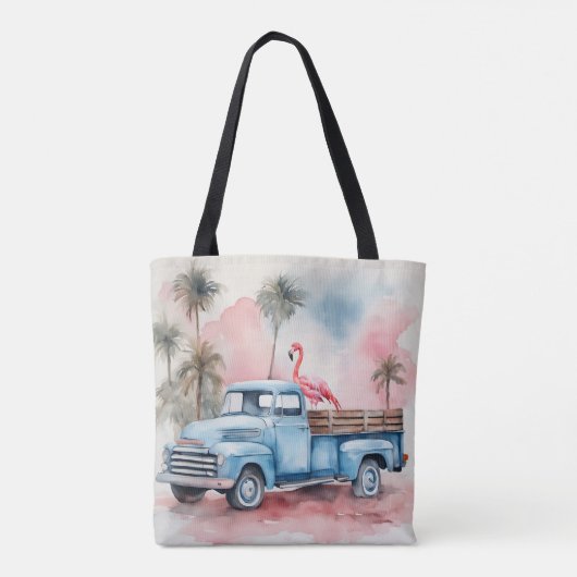 Tote Bag Flamant rose En Camion Bleu Rétro (Dos)