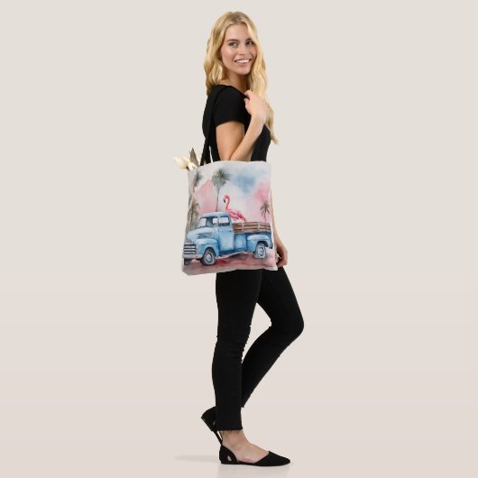 Tote Bag Flamant rose En Camion Bleu Rétro (Sur le modèle)