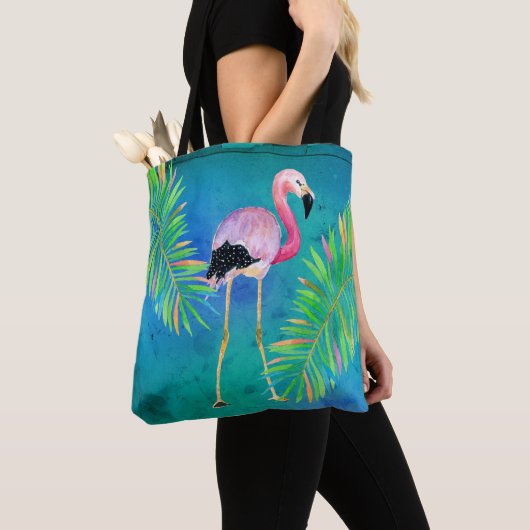 Tote Bag Flamant rose et Palm Feuilles Changement d'adresse (De près)