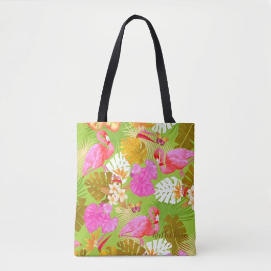 Tote Bag Flamant rose Jardin Vert clair (Devant)