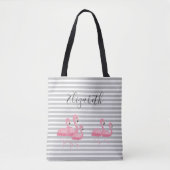 Tote Bag Flamant Rose Mignon Nom Personnalisé Rayures Grise (Devant)
