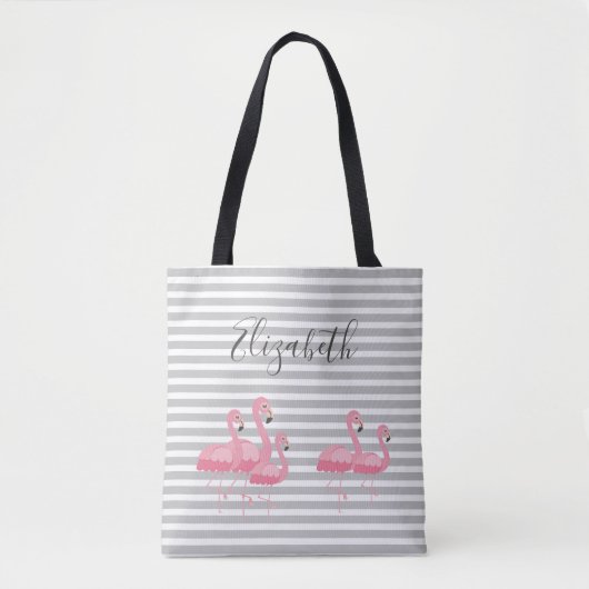Tote Bag Flamant Rose Mignon Nom Personnalisé Rayures Grise (Devant)