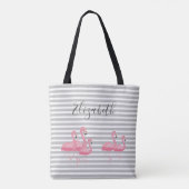 Tote Bag Flamant Rose Mignon Nom Personnalisé Rayures Grise (Dos)