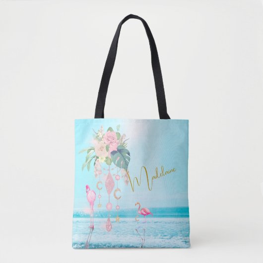 Tote Bag Flamant rose Océan Plage Joyaux Plutôt Rose (Devant)