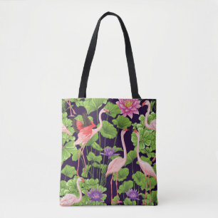 Tote Bag Flamant rose, plantes tropicaux, arrière - plan no