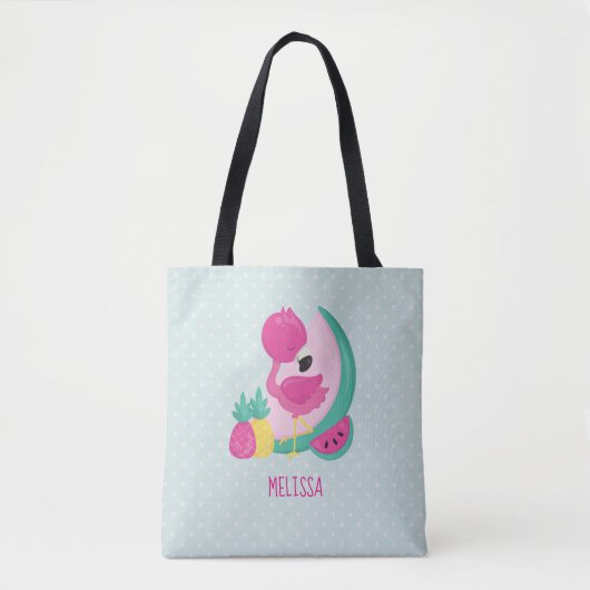 Tote Bag Flamant rose rose avec pastèque et ananas (Devant)