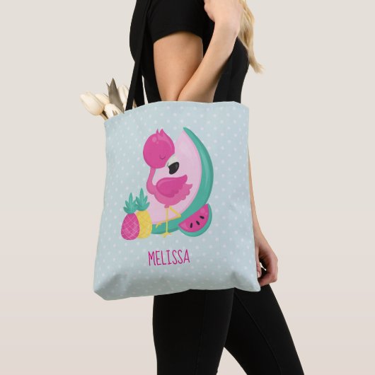 Tote Bag Flamant rose rose avec pastèque et ananas (De près)