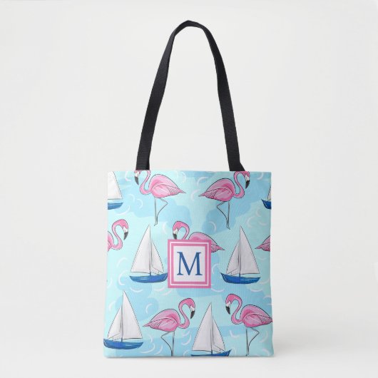 Tote Bag Flamant rose rose Bleu Voilier Preppy Monogram (Devant)