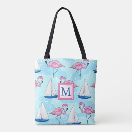 Tote Bag Flamant rose rose Bleu Voilier Preppy Monogram (Dos)