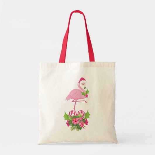 Tote Bag Flamant rose rose en Santa Hat avec Sucre de canne (Devant)