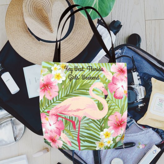 Tote Bag Flamant rose rose Fleurs tropicales Filles Week-en