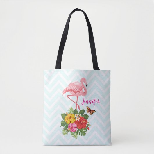 Tote Bag Flamant rose rose & Hibiscus Tropical Fancy (Devant)