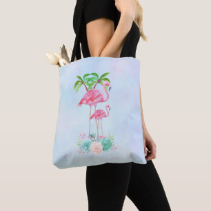 Tote Bag Flamant rose rose Momma & bébé avec palmiers