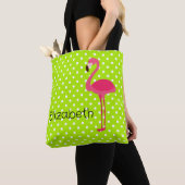 Tote Bag Flamant rose rose tropical sur Pois blancs verts (De près)