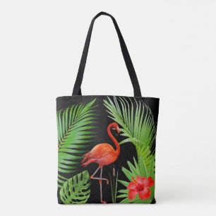 Tote Bag Flamant rose rouge, hibiscus et feuilles de palmie