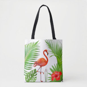 Tote Bag Flamant rose rouge, Hibiscus & feuilles de palmier