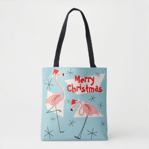 Tote Bag Flamant rose Santas Bleu Joyeux Noël partout