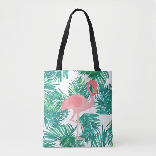 Tote Bag flamant rose sur feuilles verts tropicaux (Devant)