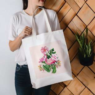 Tote Bag Flamant rose tropical Été rose Vert Botanique