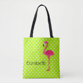 Tote Bag Flamant Rose Tropical sur Points Blancs Verts (Devant)