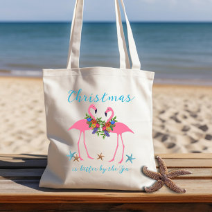 Tote Bag Flamants roses de Noël en bord de mer