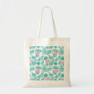 Tote Bag flamants roses, feuilles de palmiers verts, tropic