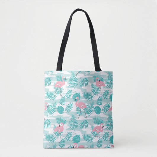 Tote Bag flamants roses, feuilles de palmiers verts, tropic (Devant)