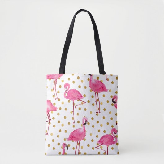 Tote Bag Flamants roses, points dorés, aquarelle. (Devant)