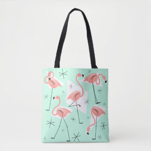 Tote Bag Flamants roses Retro Vert partout sur le vert reto
