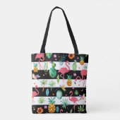 Tote Bag Flamants roses rose Motif tropical et rayures noir (Dos)