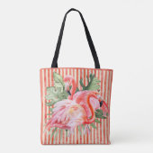 Tote Bag Flamants roses roses Tropical Feuille Coral Stripe (Dos)