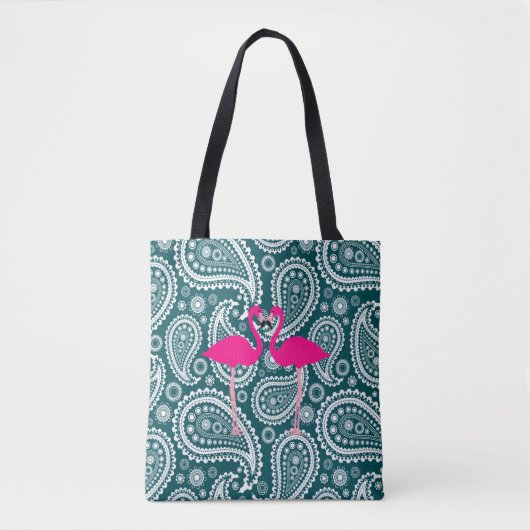Tote Bag Flamants roses Turquoises Bleu Blanc Paisley-Rose (Devant)