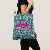 Tote Bag Flamants roses Turquoises Bleu Blanc Paisley-Rose (De près)