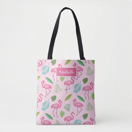 Tote Bag Flamingo rose et monogramme de feuilles tropicaux (Devant)