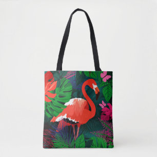 Tote Bag Flamingo rose. Feuilles tropicaux, papillon rose,