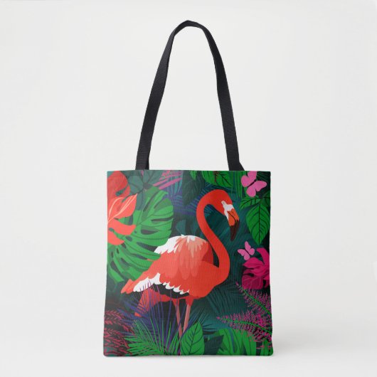 Tote Bag Flamingo rose. Feuilles tropicaux, papillon rose, (Devant)