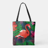 Tote Bag Flamingo rose. Feuilles tropicaux, papillon rose, (Dos)