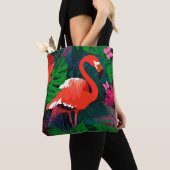 Tote Bag Flamingo rose. Feuilles tropicaux, papillon rose, (De près)