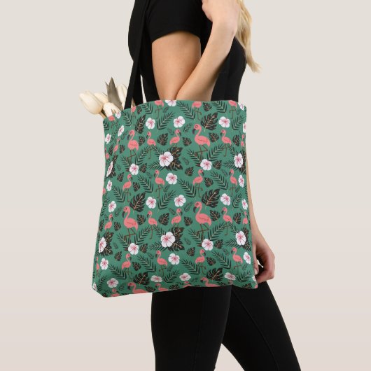 Tote Bag Flamingo seamless pattern pink on green background (De près)