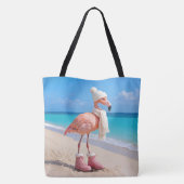 Tote Bag Flamingo Wearing Winter Scarf and Hat (Dos)